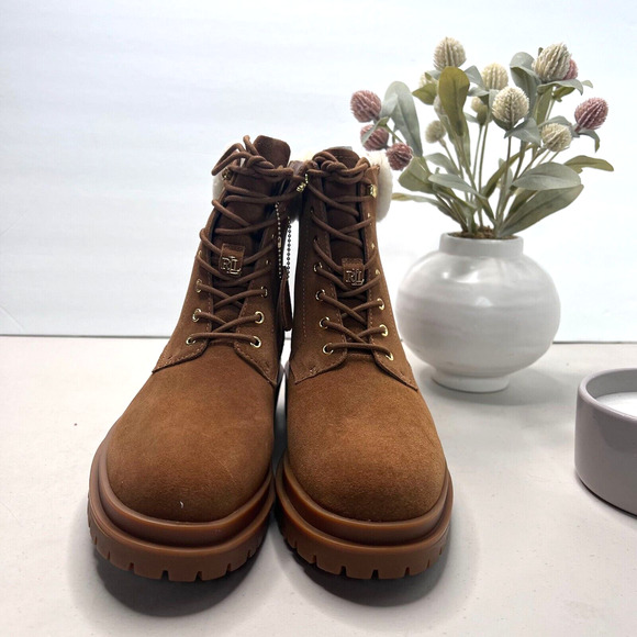 Ralph Lauren Carlee Water Resistant Suede Boots Shearling Brown Women 7.5 NWOB - Picture 4 of 9
